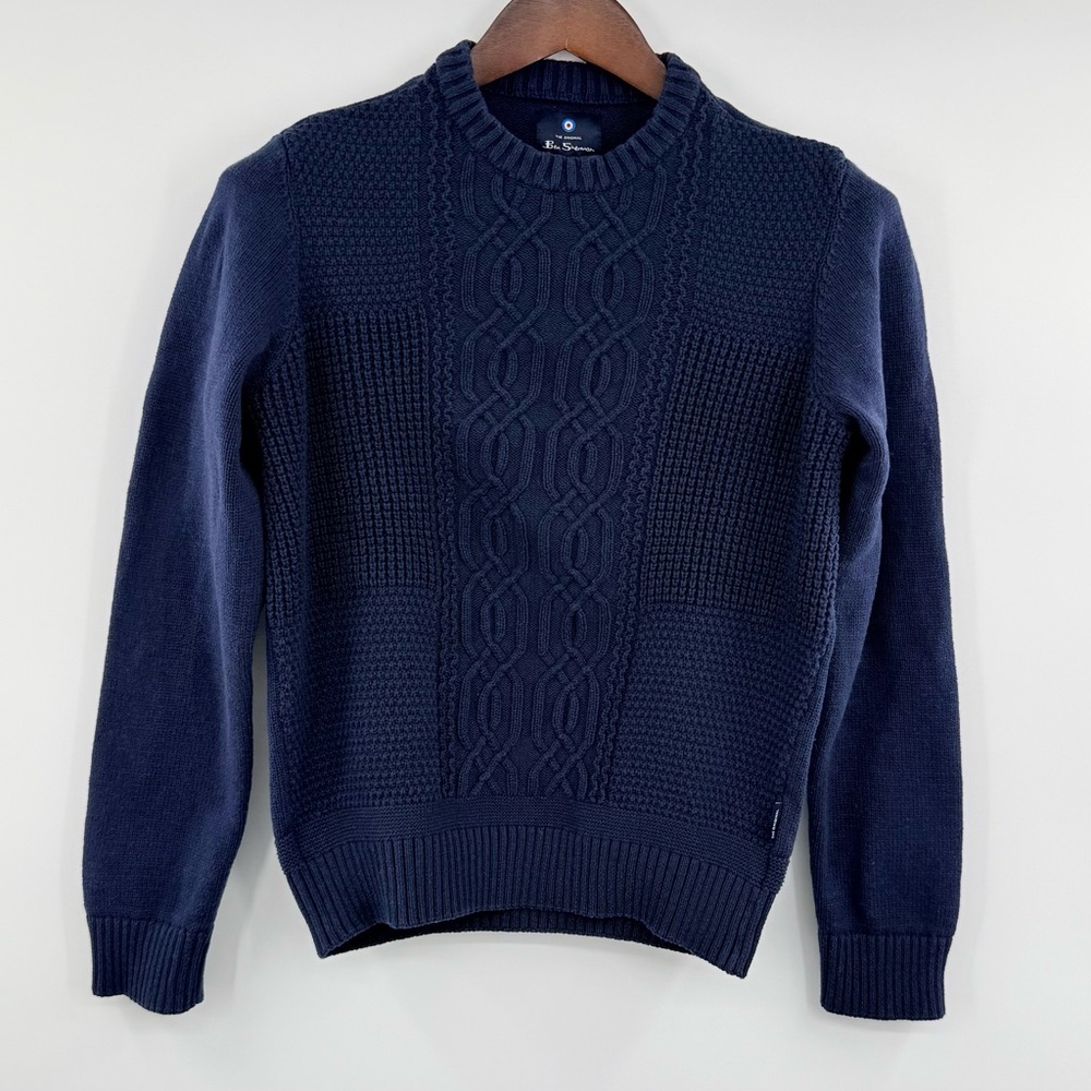 Ben Sherman Mens Navy Cable Knit Crewneck Sweater Size Small Classic British Mod